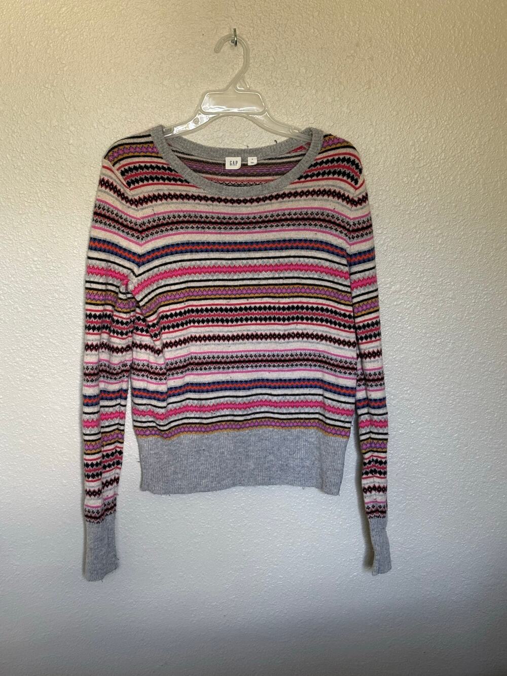 Women’s Pullover Sweater Merino wool Fair Isle Stripe Gray Colorful, size M
